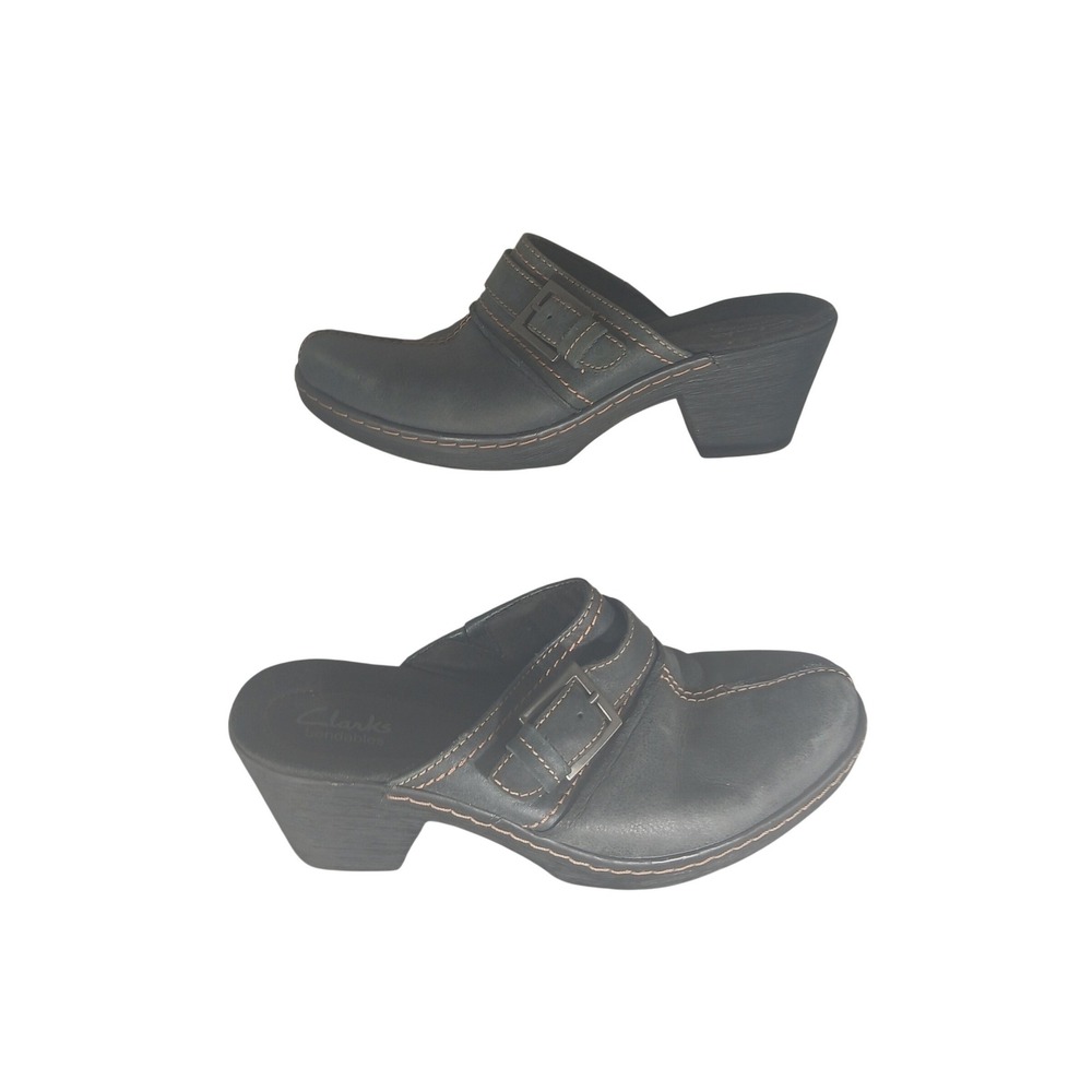 Clarks Bendables Women's Black‎ Leather Buckle Mule Clogs Size 8.5M